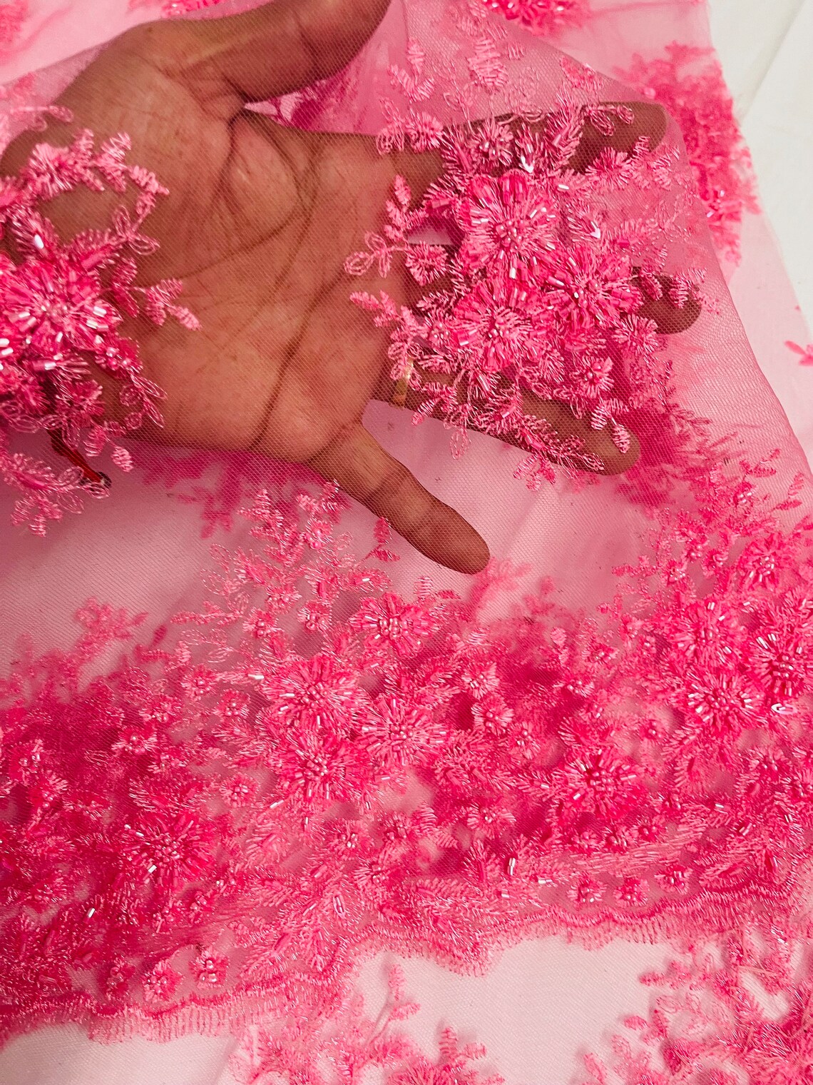 Beaded Flower Cluster Fabric - Candy Pink - Beaded Floral Gaviota Design Embroidered On Mesh Sold By Yard