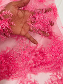 Beaded Flower Cluster Fabric - Candy Pink - Beaded Floral Gaviota Design Embroidered On Mesh Sold By Yard