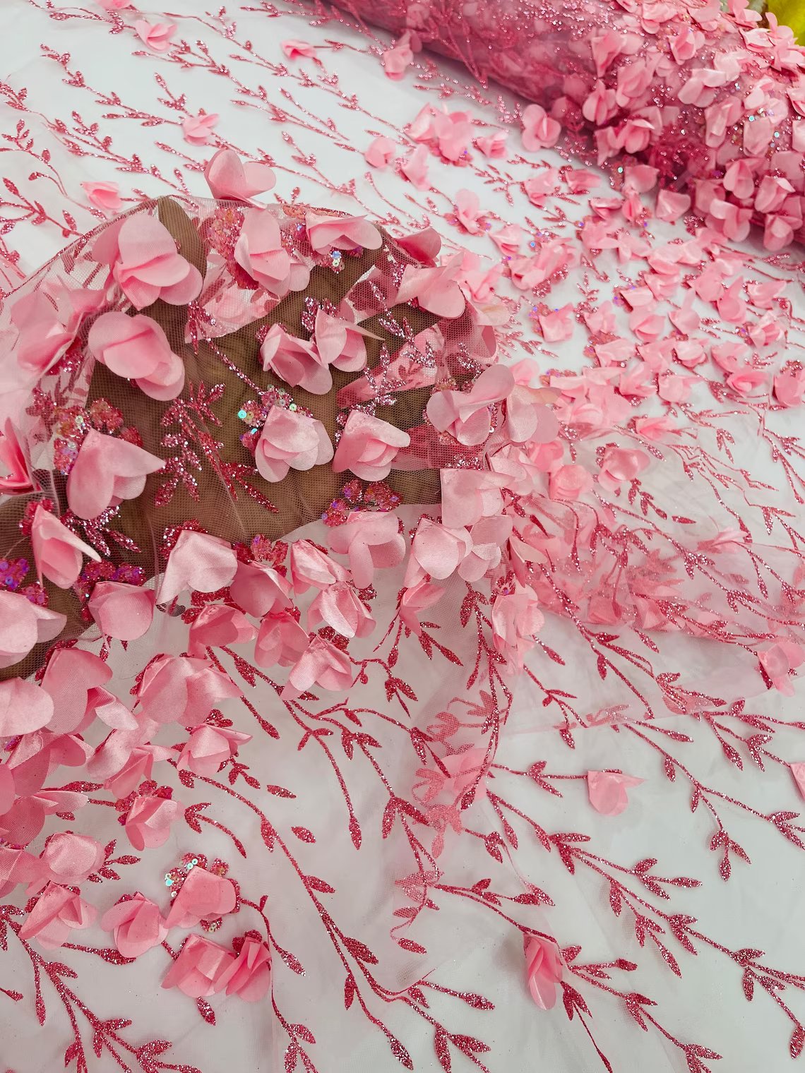 3D Flower Glitter Fabric - Candy Pink - Flower Design on Glitter Mesh Fabric Sold By Yard