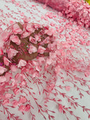 3D Flower Glitter Fabric - Candy Pink - Flower Design on Glitter Mesh Fabric Sold By Yard