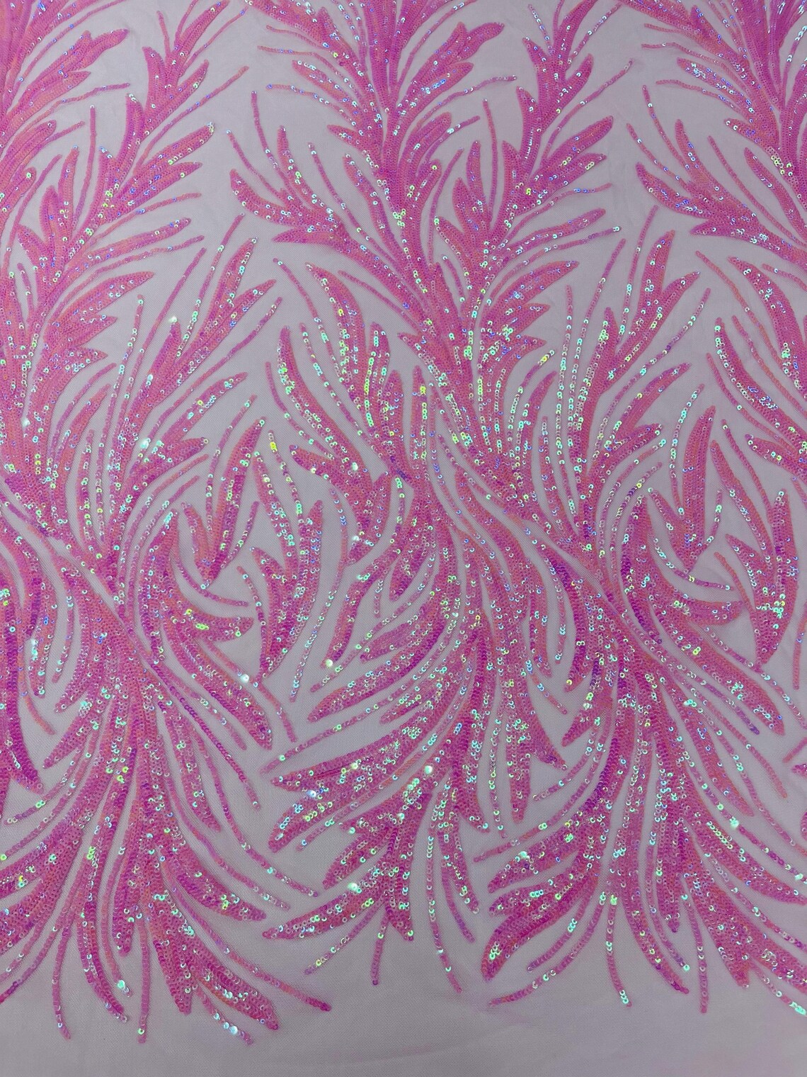 Leaf Design Stretch Sequins - Candy Pink - 4 Way Stretch Lace Mesh Sequins Fabric by Yard