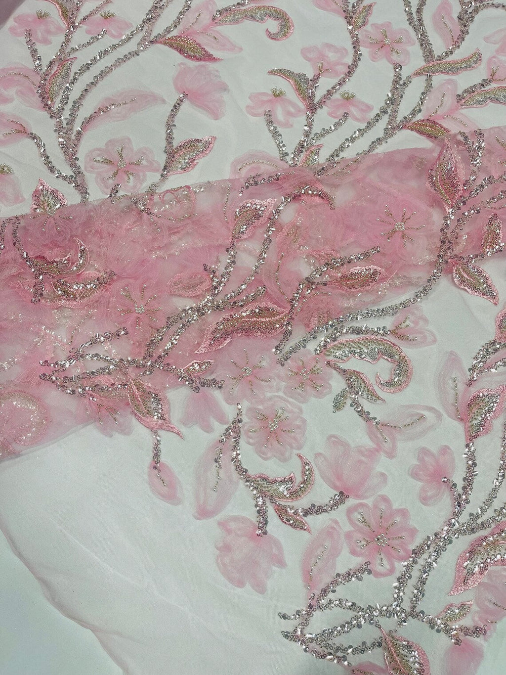 3D Tulle Flower Bead Fabric - Candy Pink - Mesh Flower Plant Design with Beads By Yard