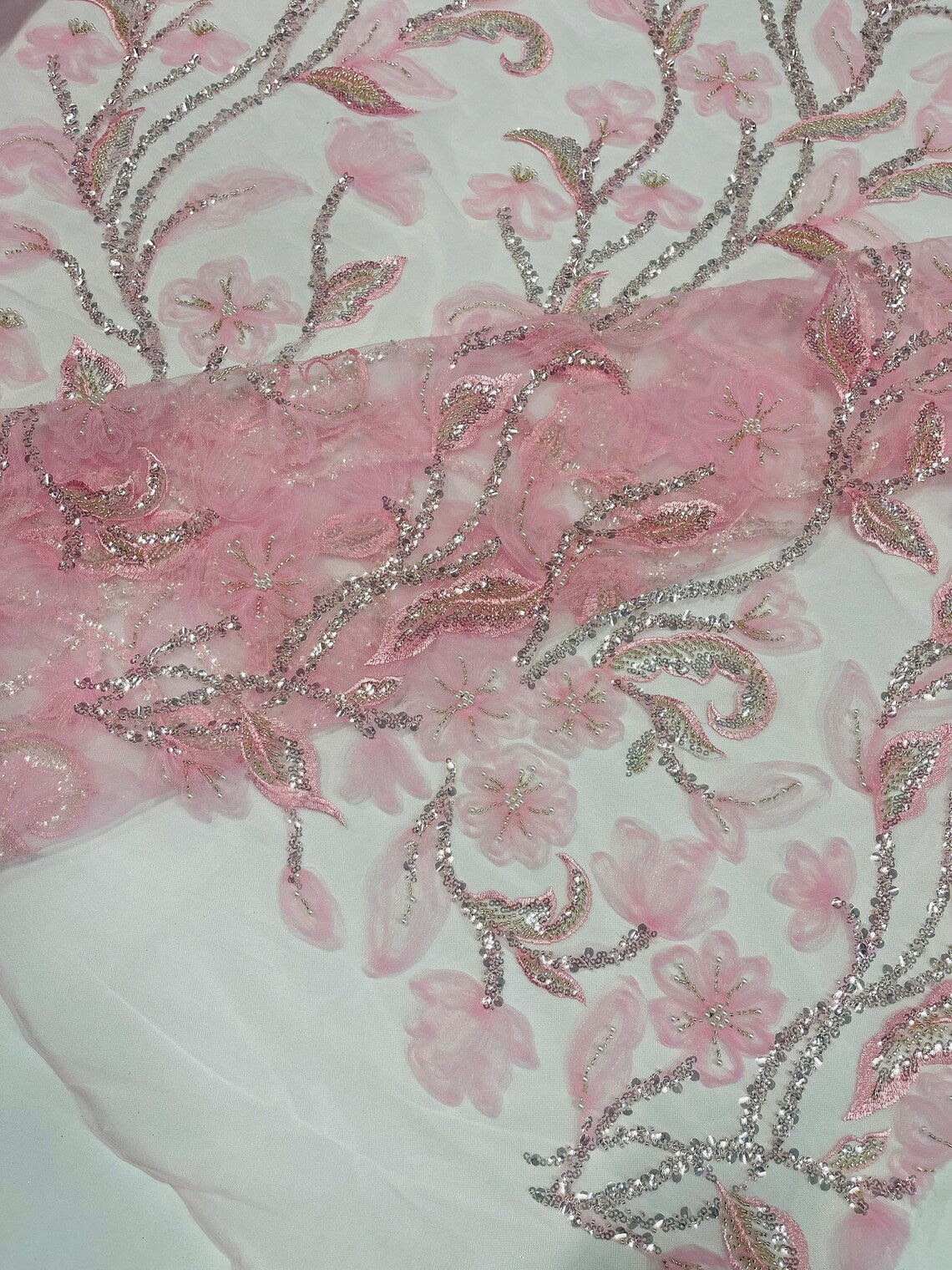 3D Tulle Flower Bead Fabric - Candy Pink - Mesh Flower Plant Design with Beads By Yard