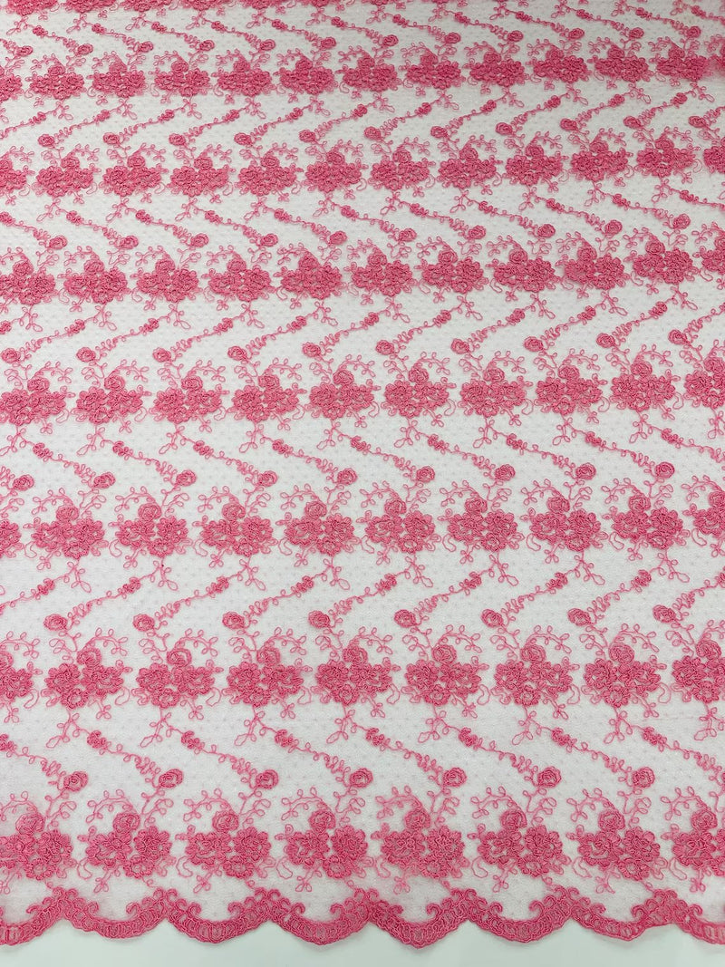 Embroidered Flower Fabric - Candy Pink - Floral Design Scalloped Border Fabric By Yard