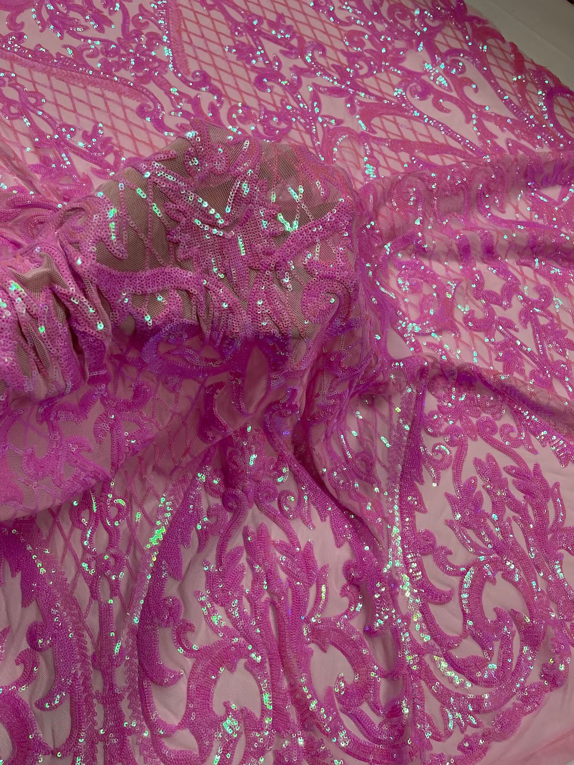 Heart Damask Sequins - Candy Pink - 4 Way Stretch Sequins Fabric By Yard