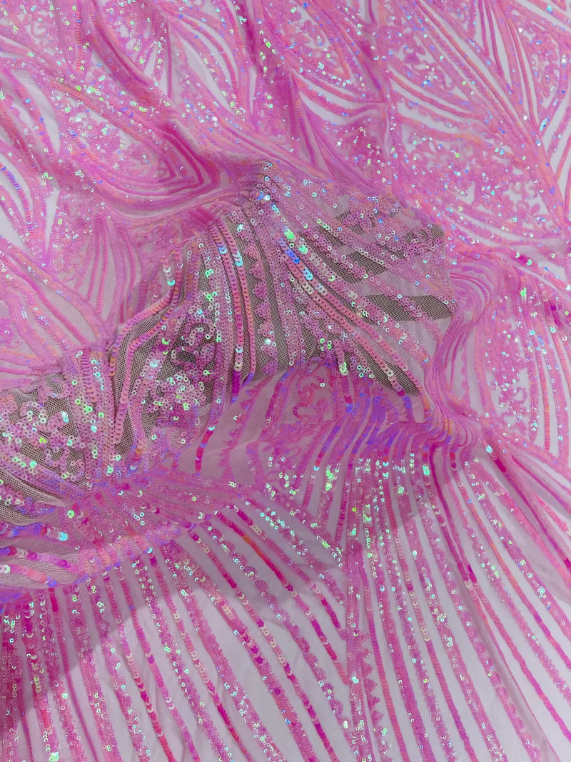 Curvy Line Design Fabric - Candy Pink - 4 Way Stretch Sequins Design Mesh Lace Fabric by Yard