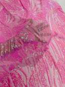 Wavy Leaf Sequins Fabric - Candy Pink - Wavy Lines and Leaves Design on Lace Mesh Fabric by Yard