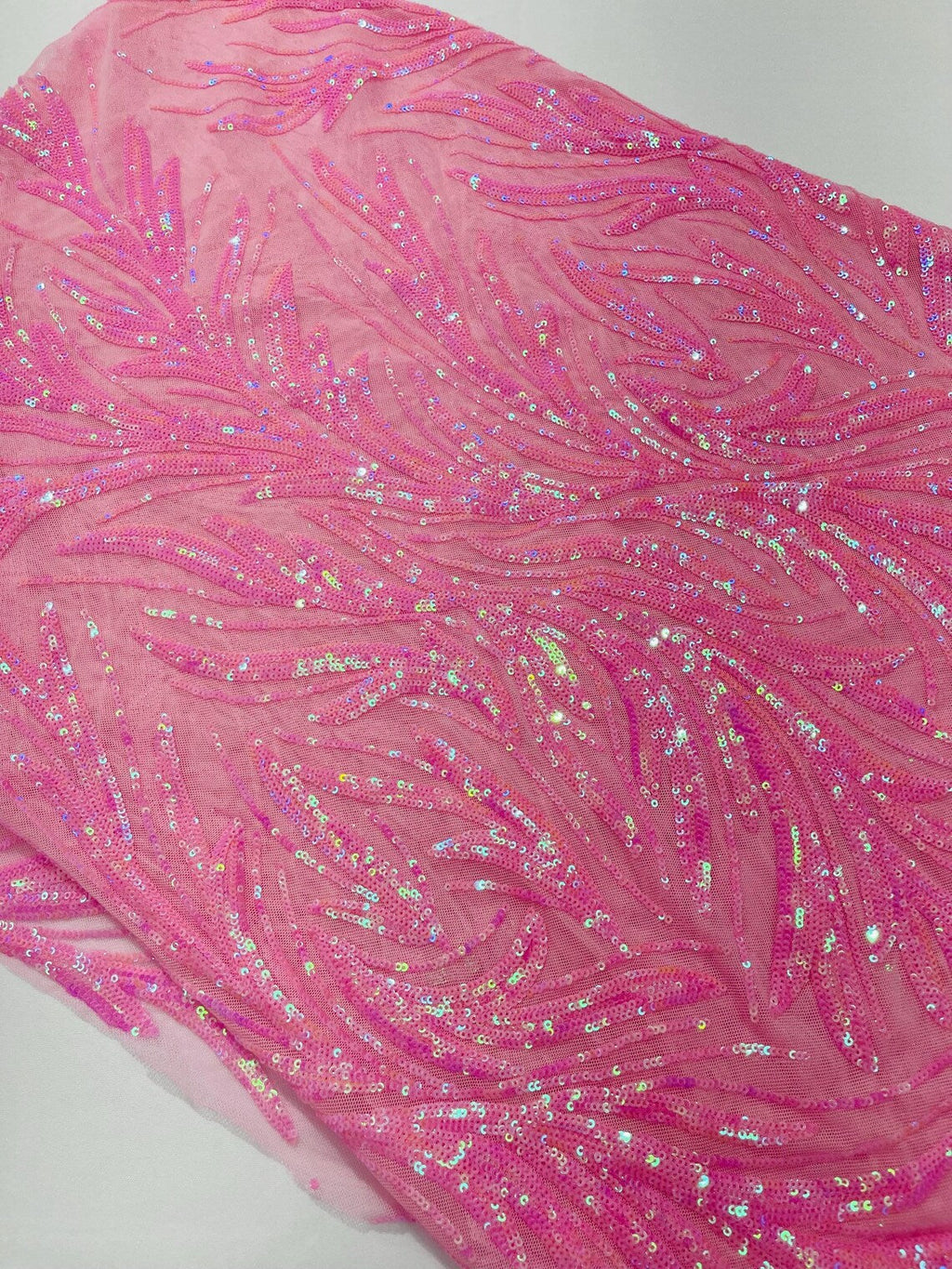 Leaf Design Stretch Sequins - Candy Pink - 4 Way Stretch Lace Mesh Sequins Fabric by Yard