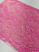 Leaf Design Stretch Sequins - Candy Pink - 4 Way Stretch Lace Mesh Sequins Fabric by Yard