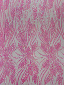 Wavy Leaf Sequins Fabric - Candy Pink - Wavy Lines and Leaves Design on Lace Mesh Fabric by Yard