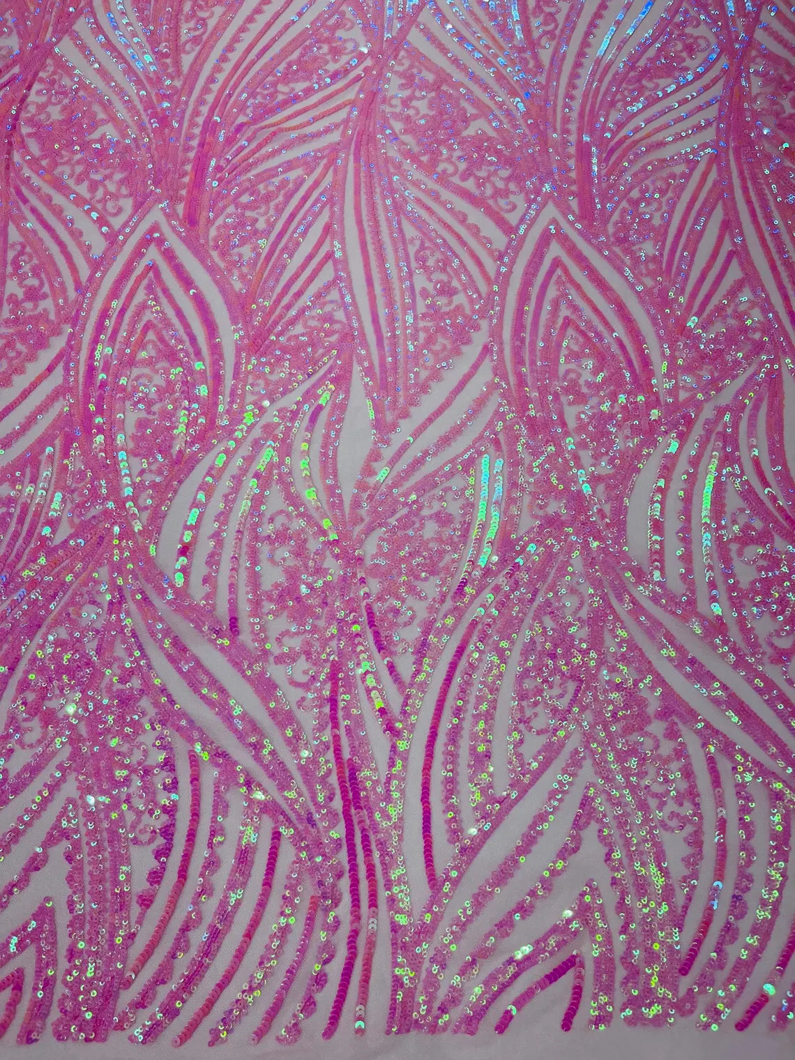 Curvy Line Design Fabric - Candy Pink - 4 Way Stretch Sequins Design Mesh Lace Fabric by Yard