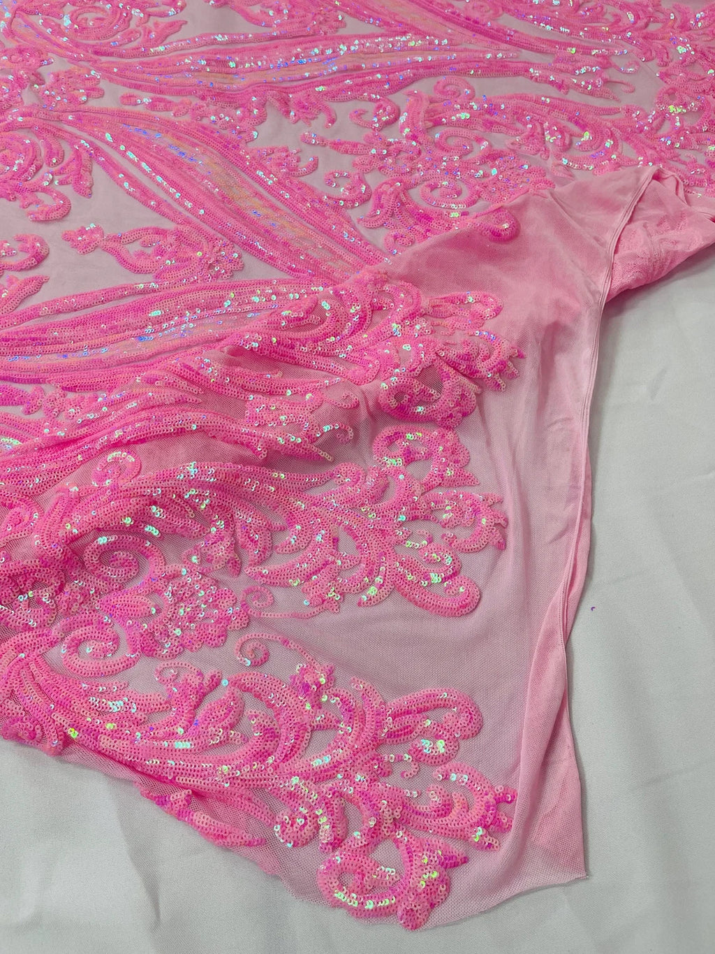 Big Damask Sequins Fabric - Candy Pink - 4 Way Stretch Damask Sequins Design Fabric By Yard
