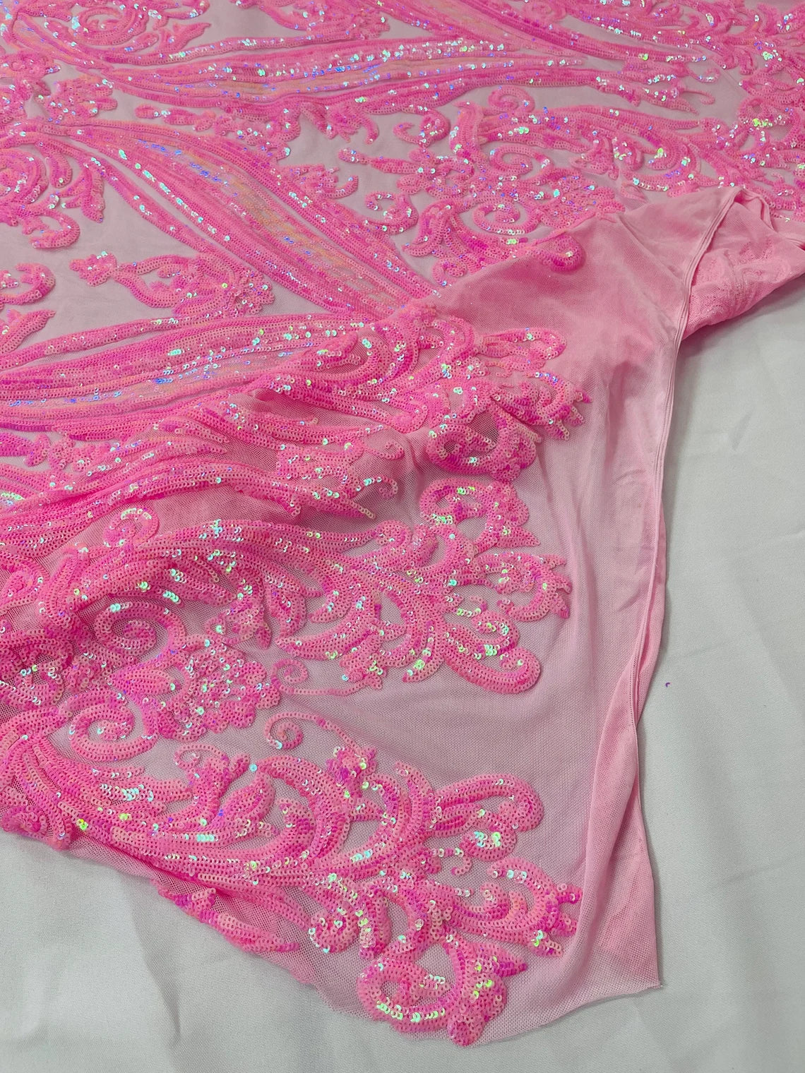 Big Damask Sequins Fabric - Candy Pink - 4 Way Stretch Damask Sequins Design Fabric By Yard