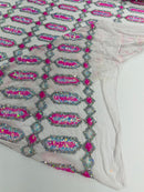 Fancy Gem Jewel Fabric - Candy Pink on White - Geometric Stretch Sequins Design on Mesh By Yard