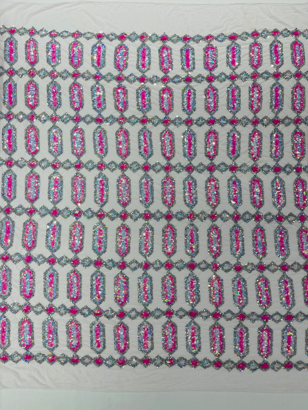 Fancy Gem Jewel Fabric - Candy Pink on White - Geometric Stretch Sequins Design on Mesh By Yard