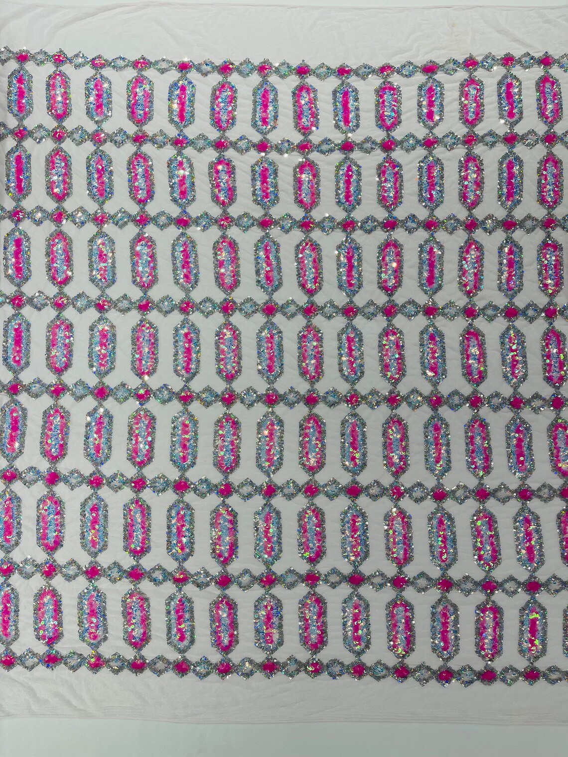 Fancy Gem Jewel Fabric - Candy Pink on White - Geometric Stretch Sequins Design on Mesh By Yard