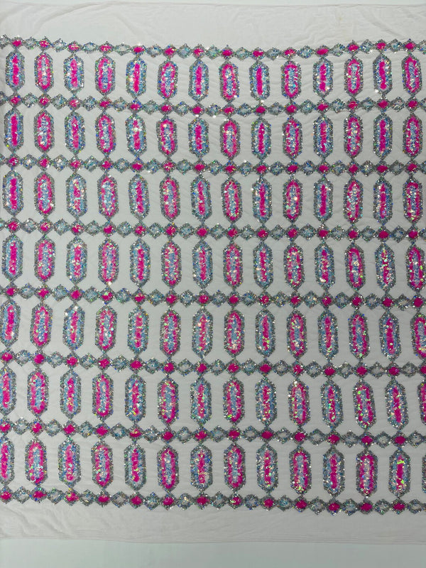 Fancy Gem Jewel Fabric - Candy Pink on White - Geometric Stretch Sequins Design on Mesh By Yard