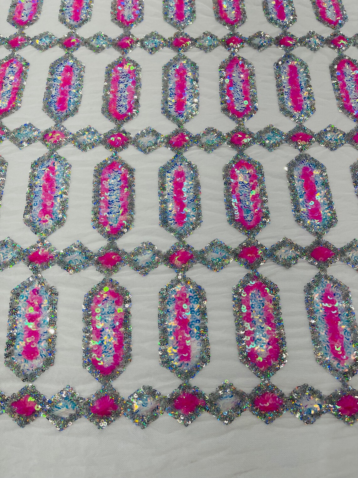 Fancy Gem Jewel Fabric - Candy Pink on White - Geometric Stretch Sequins Design on Mesh By Yard