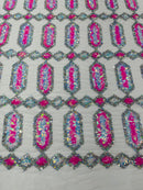 Fancy Gem Jewel Fabric - Candy Pink on White - Geometric Stretch Sequins Design on Mesh By Yard