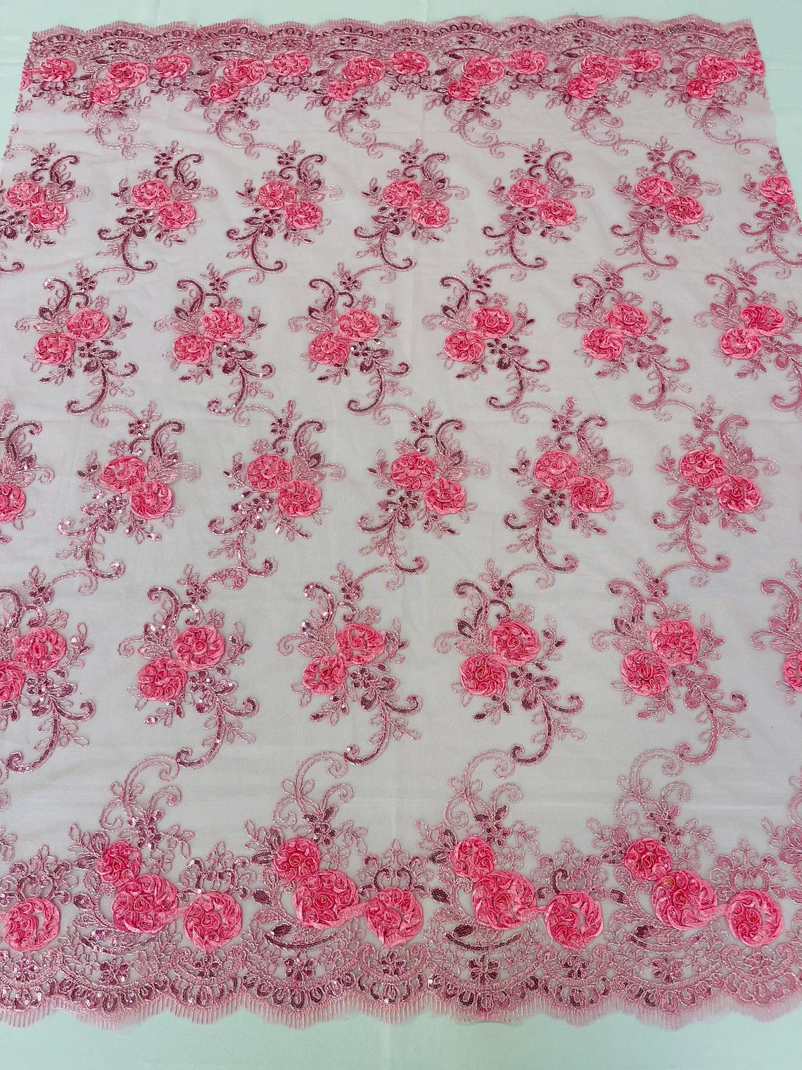 Flower Lace Fabric - Candy Pink - Embroidered Flower With Sequins on a Mesh Lace Fabric By Yard