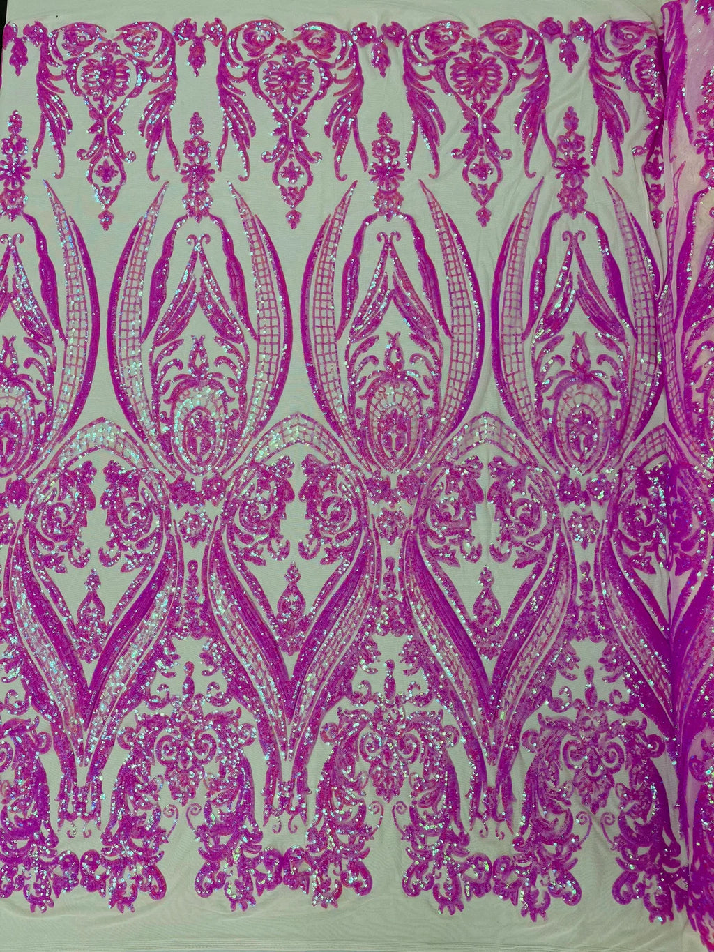 Big Damask Sequins Fabric - Candy Pink - 4 Way Stretch Damask Sequins Design Fabric By Yard