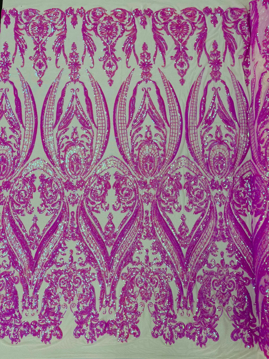 Big Damask Sequins Fabric - Candy Pink - 4 Way Stretch Damask Sequins Design Fabric By Yard
