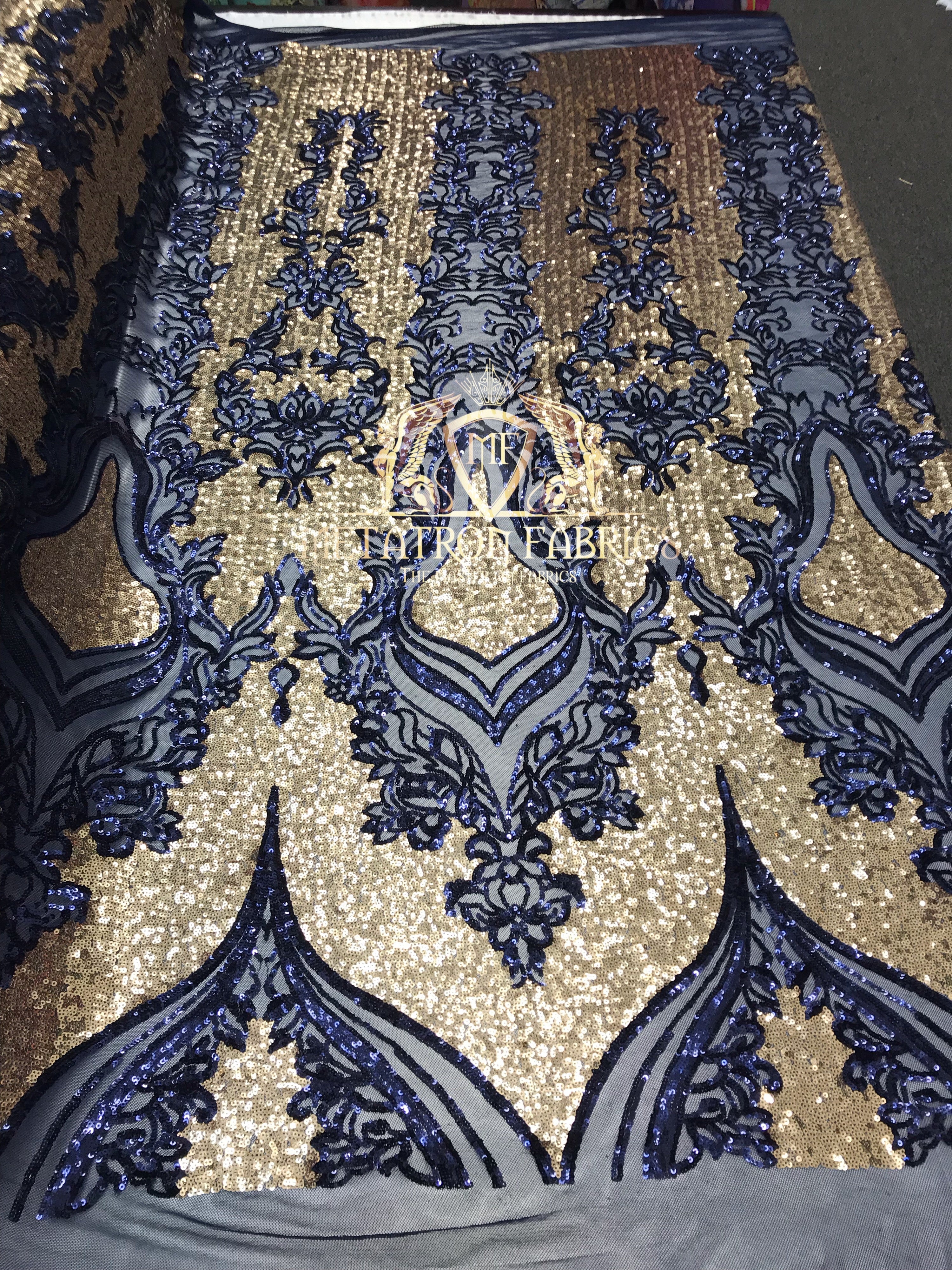 4 Way Stretch - Navy and Gold - Two Tone Flower Design Sequins On Stretch Mesh By The Yard