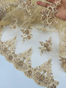 Beaded Floral Fabric - Champagne - Floral Cluster Design Fabric with Damask Border by Yard