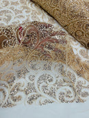 Beaded Swirl Design Fabric - Champagne - Swirl Design with Beads and Sequins on Lace by Yard