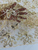 Butterfly Sequins Fabric - Champagne - Metallic Floral Butterfly Design on Lace Fabric By Yard