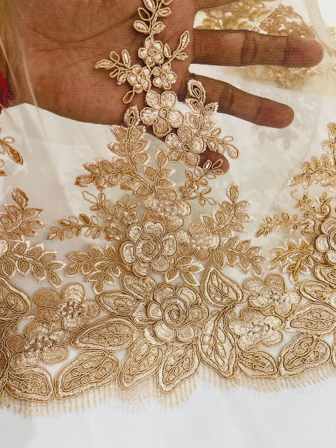 Corded Floral 3D Fabric - Champagne - Embroidered Floral Design on Lace Mesh Fabric by Yard
