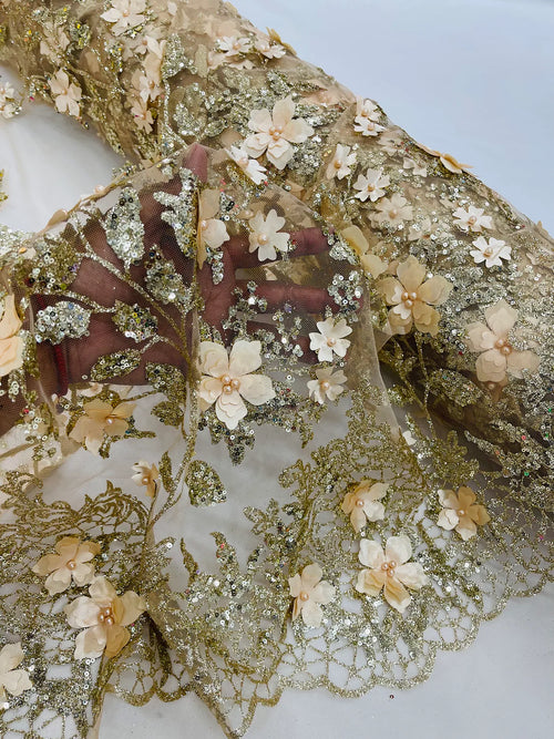 3D Flower Glitter Fabric - Champagne - Floral Glitter Sequin Design on Lace Mesh Fabric by Yard