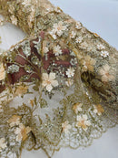 3D Flower Glitter Fabric - Champagne - Floral Glitter Sequin Design on Lace Mesh Fabric by Yard