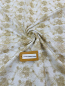 Embroidered Flower Fabric - Champagne - Floral Design Scalloped Border Fabric By Yard