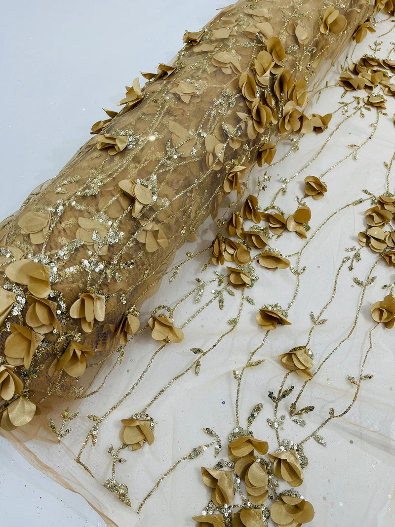 3D Glitter Floral Fabric - Champagne - 3D Flowers with Sequins and Glitter on Mesh Sold By Yard