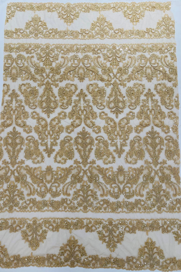 Beaded My Lady Damask Design - Champagne - Beaded Fancy Damask Embroidered Fabric By Yard