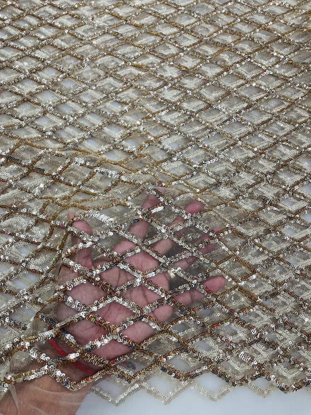 Diamond Sequins Fabric - Champagne - Diamond Geometric Net Design on Mesh Lace Fabric By Yard