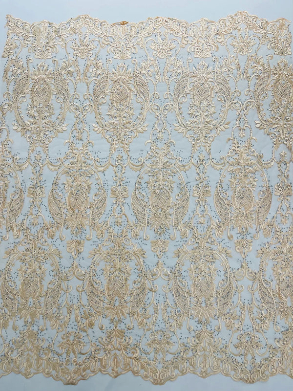 Damask Rhinestone Fabric - Champagne - Beaded Embroidery Corded Lace Fabric Sold by Yard