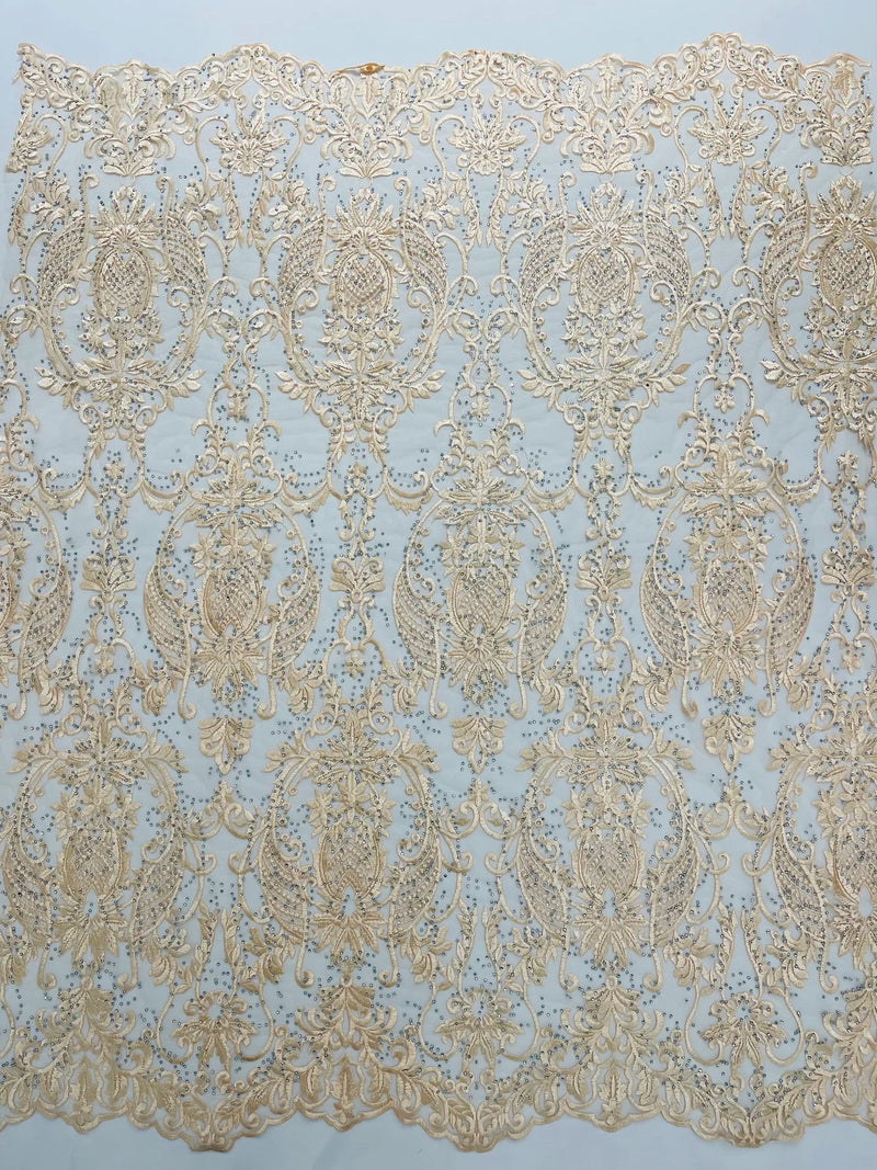 Damask Rhinestone Fabric - Champagne - Beaded Embroidery Corded Lace Fabric Sold by Yard