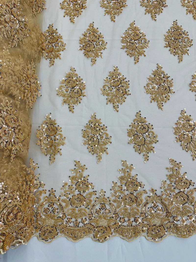 Heavy Beaded Floral Fabric - Champagne - Luxury Heavy Duty Bead Bridal Floral Cluster Lace Fabric by the yard