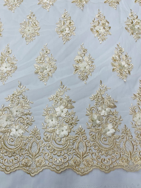 3D Fancy Floral Design Fabric - Champagne - 3D Flower Fabric with Small Beads on Lace Sold By Yard
