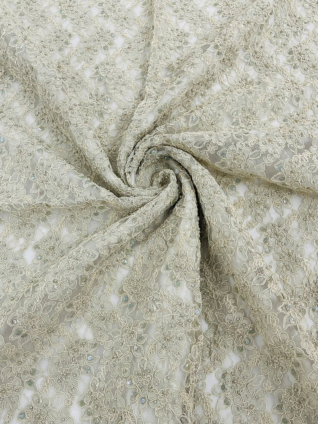 Floral Pearls and Sequins Fabric - Champagne - Beaded Fabric Embroidered Lace By The Yard