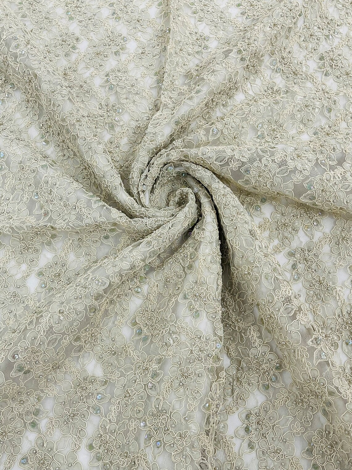 Floral Pearls and Sequins Fabric - Champagne - Beaded Fabric Embroidered Lace By The Yard