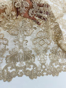 King Lace Pattern Fabric - Champagne - Embroidered Sequins on Lace Mesh Fabric By Yard     4231