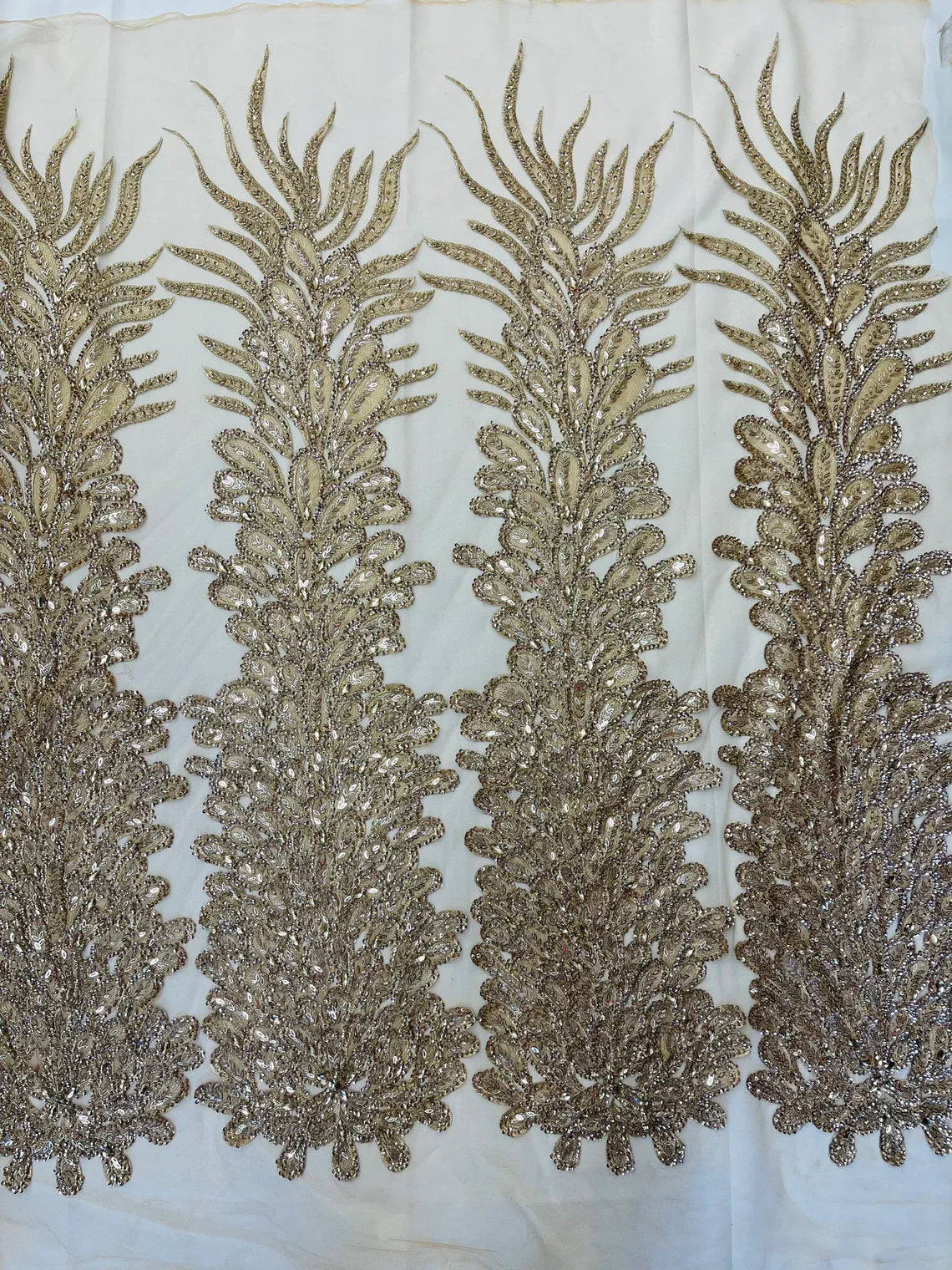 3D Beaded Peacock Feathers - Vegas Design Embroidered Sequins and Beads On a Mesh Lace Fabric - 15 Yard Roll