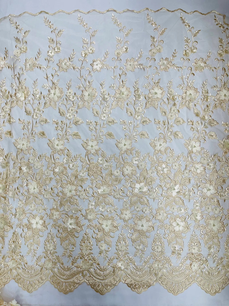 3D Scalloped Border Fabric - Champagne - 3D Flowers Embroidered on Lace Sold By Yard