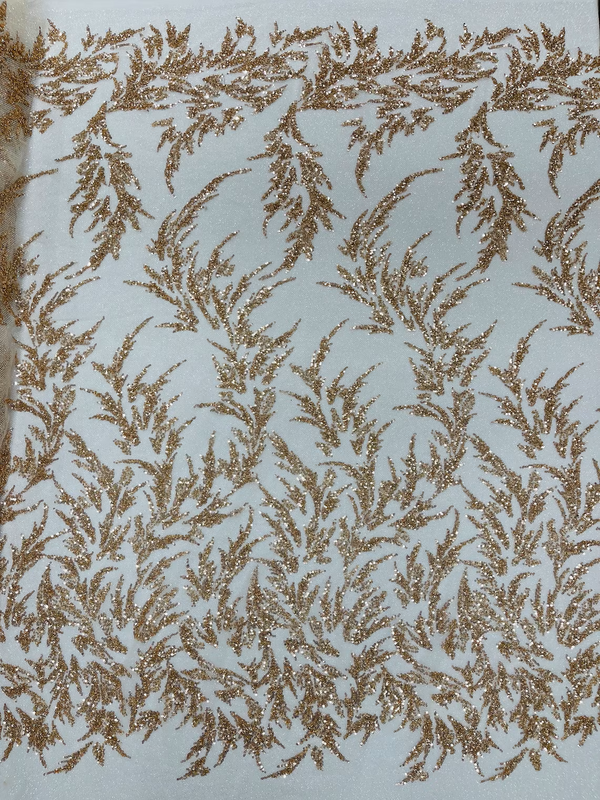 Leaf Plant Glitter Design Fabric - Champagne - Beaded Embroidered Leaves Design on Mesh By Yard
