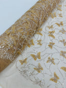 3D Butterfly Beaded Fabric - Champagne - Beaded Sequins Butterfly Embroidered Fabric By Yard