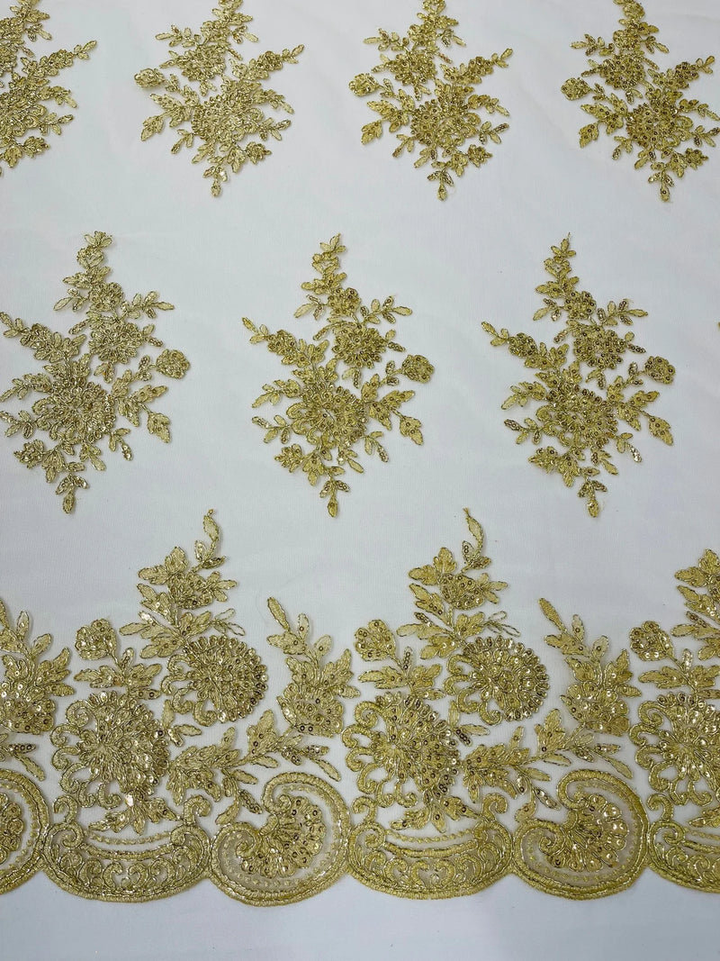 Floral Lace Flower Fabric - Champagne - Floral Embroidered Fabric with Sequins on Lace By Yard