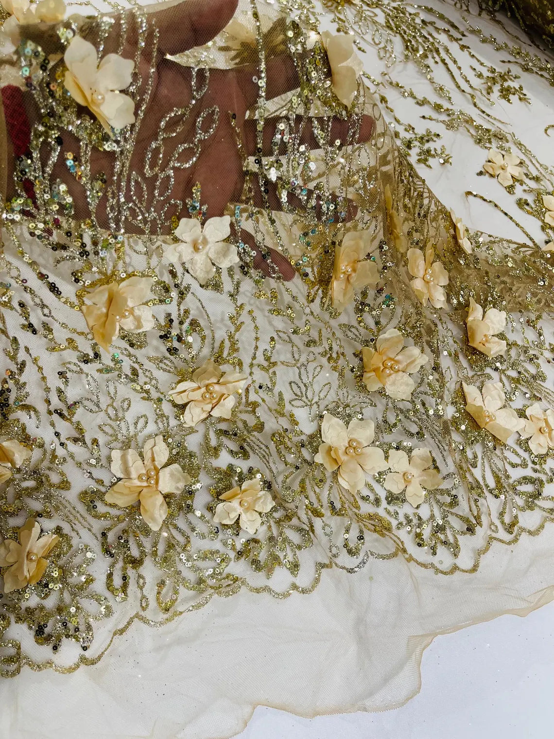 3D Glitter Floral Design Fabric - Champagne - Floral Line Design Embroidered Sequins Fabric by Yard